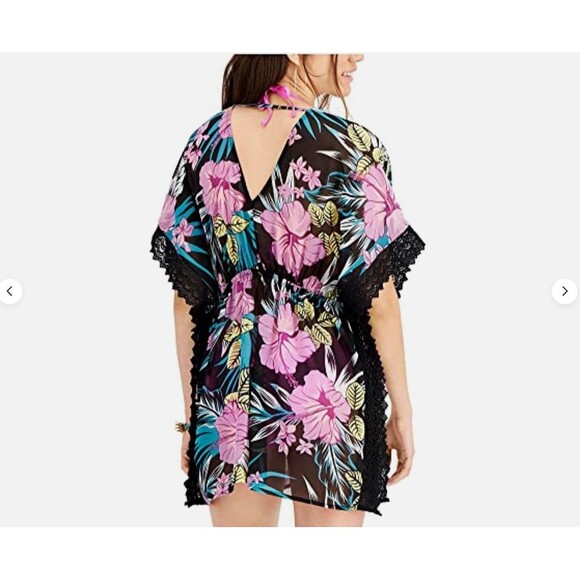 Miken Swim Kimono Cover Up Women's Med Black Floral Lace-Inset Tie-Front Sheer - Picture 6 of 16